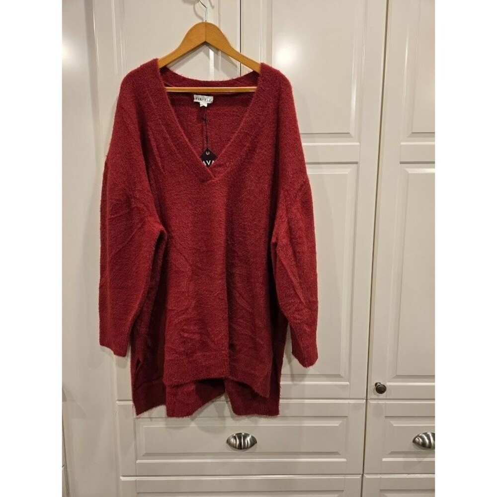 Ava & Viv Women's Fuzzy V-Neck Tunic Pullover Sweater - Burgundy - 3X NEW